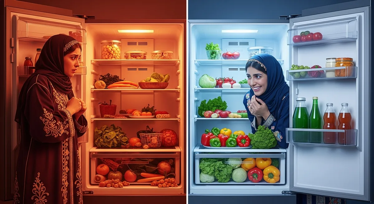 Avant après réparation réfrigérateur Rabat — frigo chaud sans froid à gauche, frigo réparé avec aliments frais à droite