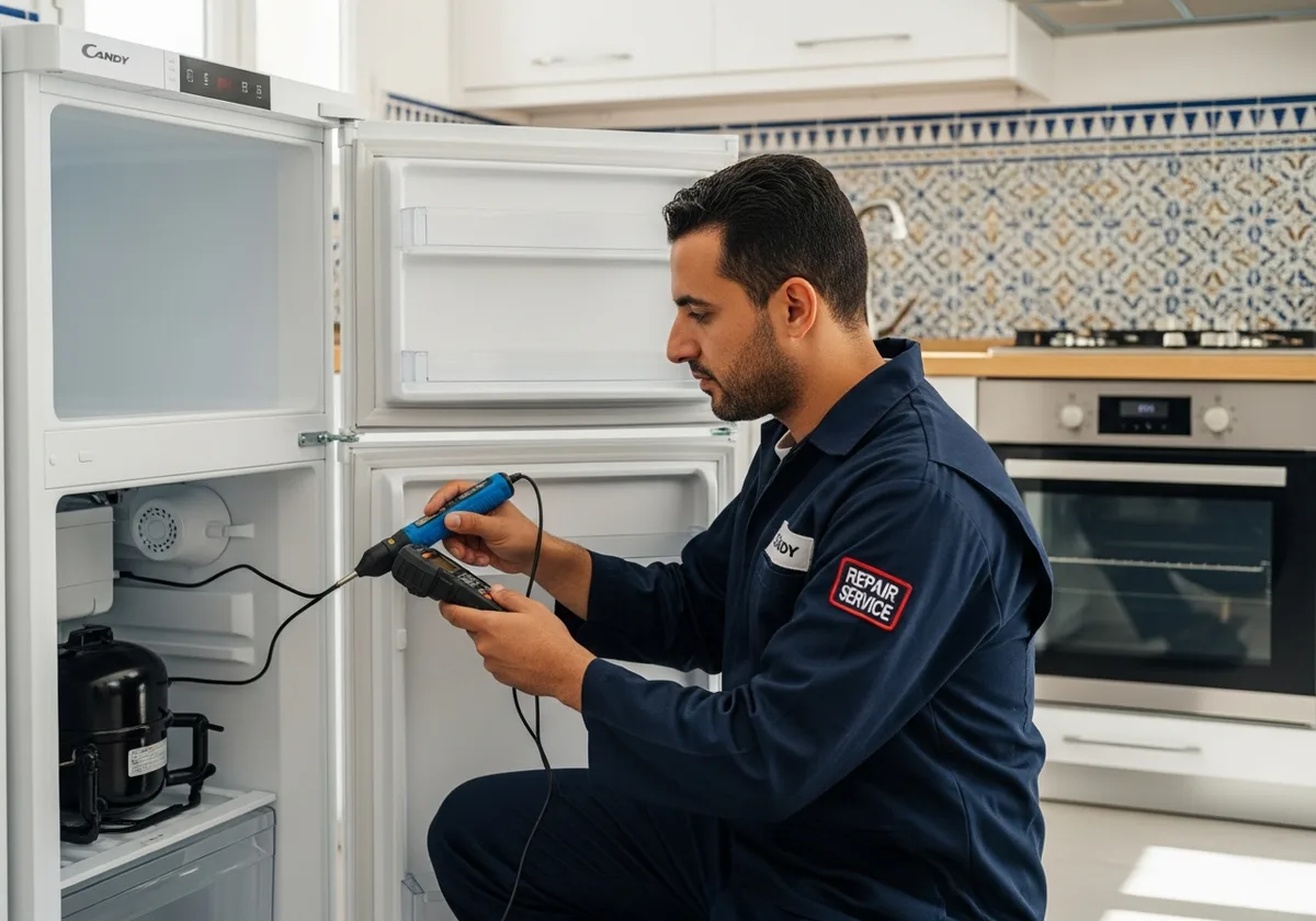 Technicien agréé réparant un réfrigérateur Candy FrostFree dans une cuisine marocaine à Rabat