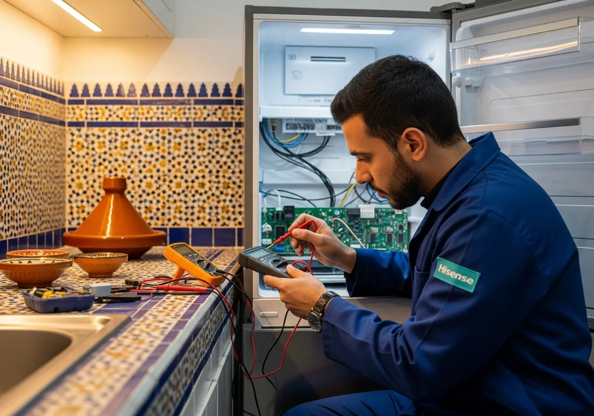 Technicien Hisense à Rabat — lecture codes erreur E2 E3 E7 avec multimètre professionnel