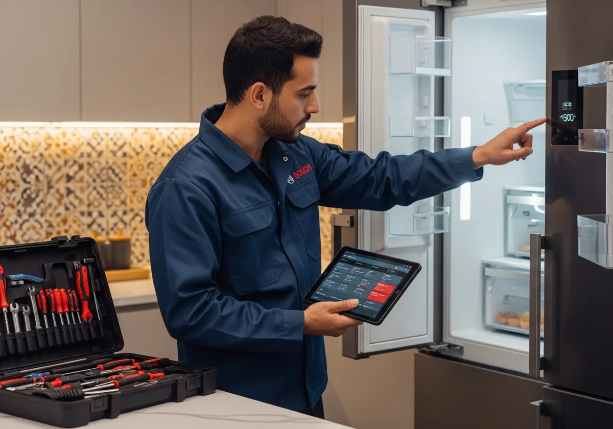 Technicien Bosch à Rabat lisant codes erreur E02 E07 sur réfrigérateur — diagnostic professionnel, remplacement pièces d'origine