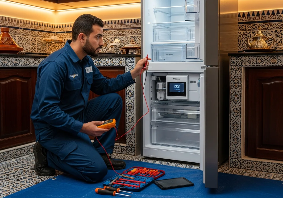 Technicien Whirlpool 6ème Sens à Rabat diagnostiquant codes erreur F — carte électronique, capteurs, intervention rapide