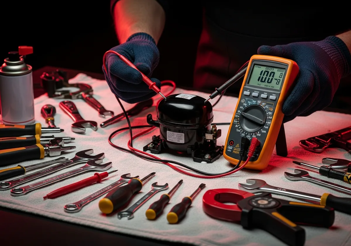 Diagnostic professionnel compresseur réfrigérateur — multimètre, outils spécialisés, Rabat