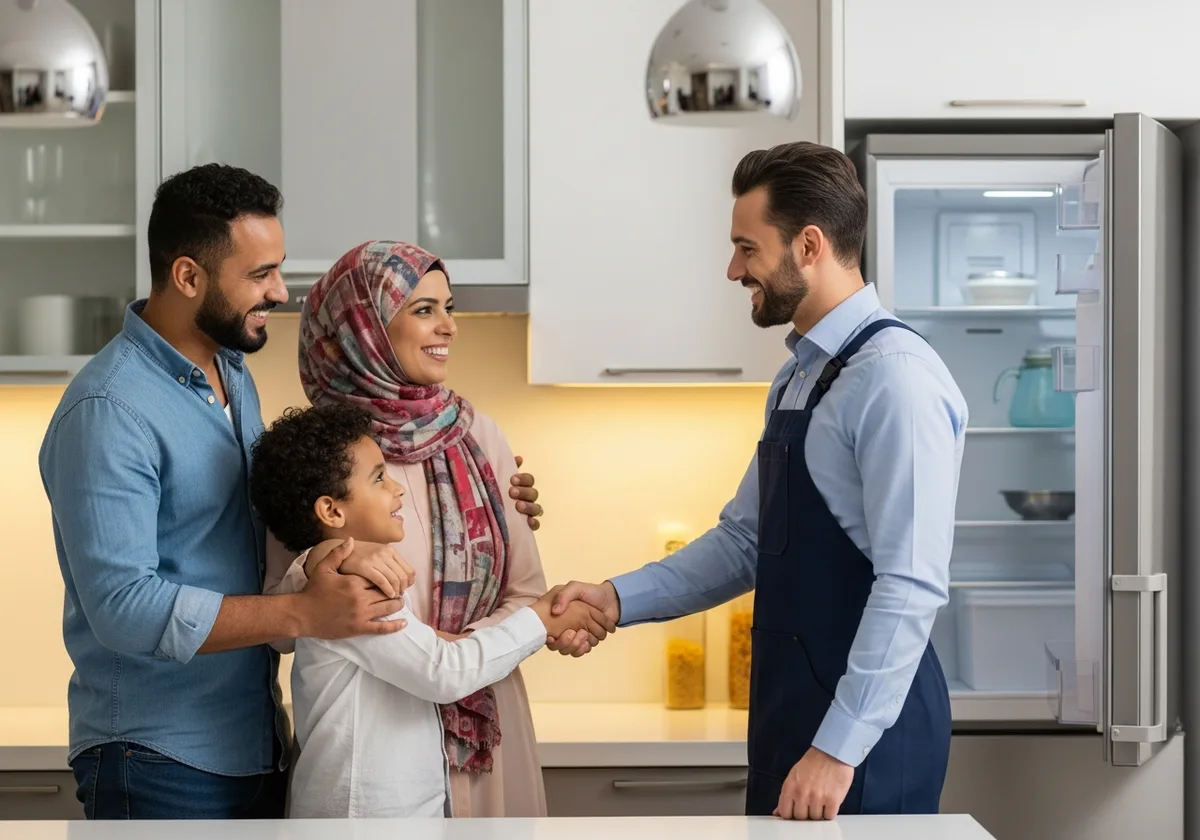 Famille marocaine satisfaite après réparation réfrigérateur à domicile — Rabat, technicien agréé
