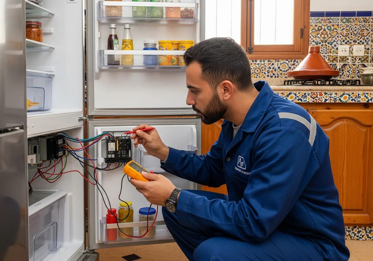 Technicien diagnostiquant un réfrigérateur qui ne démarre pas à Rabat — vérification relais démarreur et compresseur