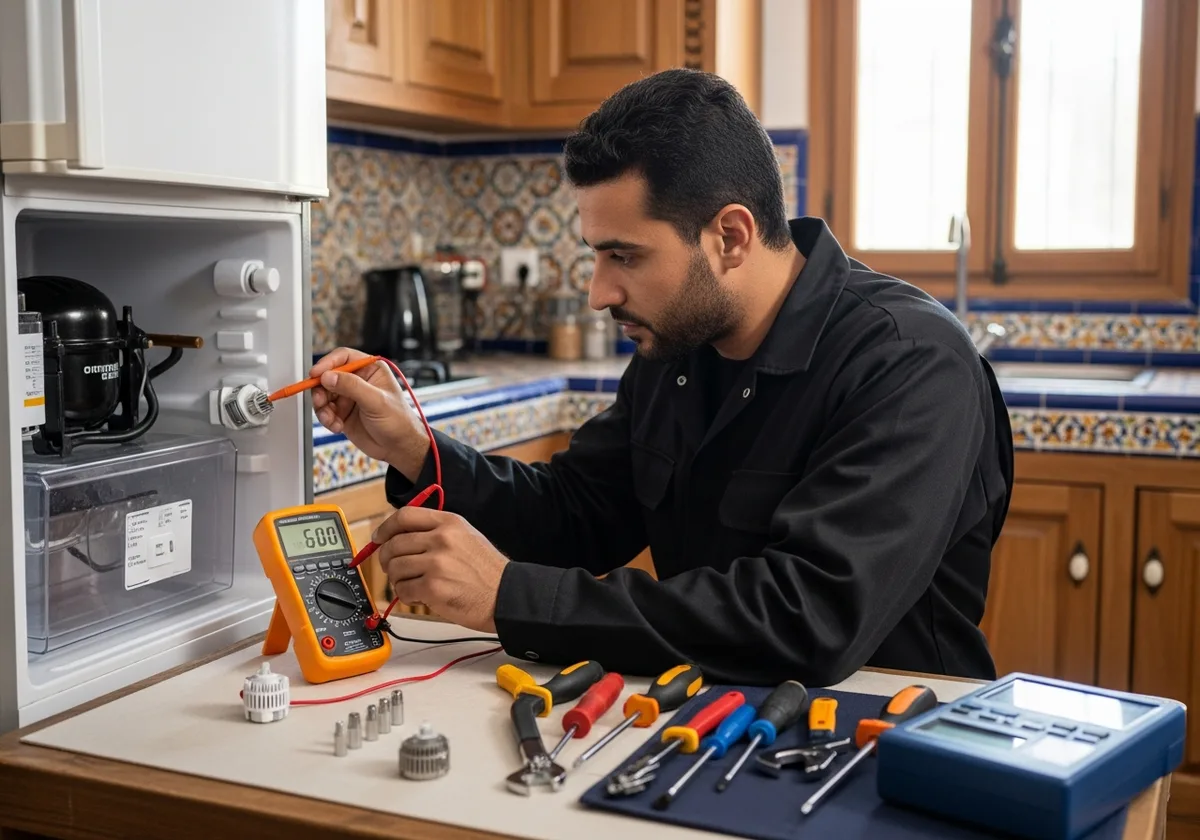 Technicien vérifiant compresseur qui tourne en permanence à Rabat — diagnostic thermique, remplacement thermostat