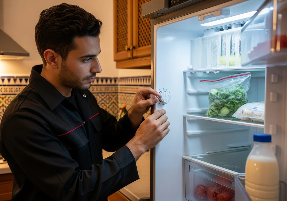 Technicien réglant thermostat réfrigérateur qui gèle tout à Rabat — remplacement sonde NTC, recalibrage température
