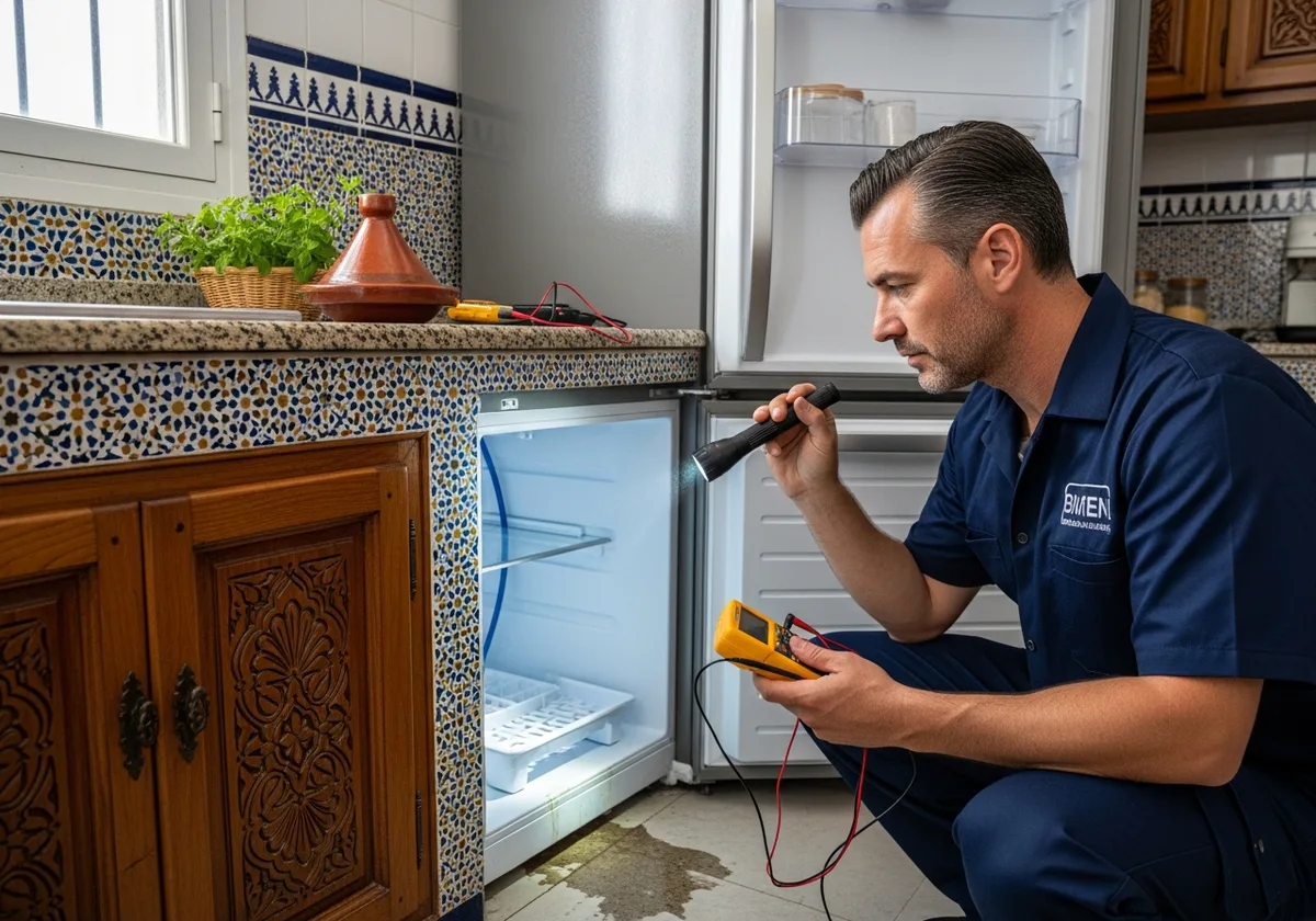 Technicien diagnostiquant une fuite d'eau de réfrigérateur à Rabat — cuisine marocaine, réparation rapide