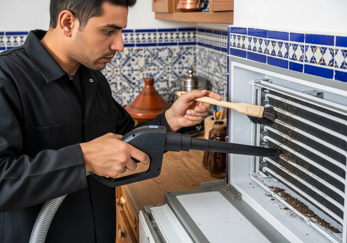 Technicien Amine Balla nettoyant le condenseur d'un réfrigérateur à Rabat — aspirateur, grille arrière, entretien préventif annuel