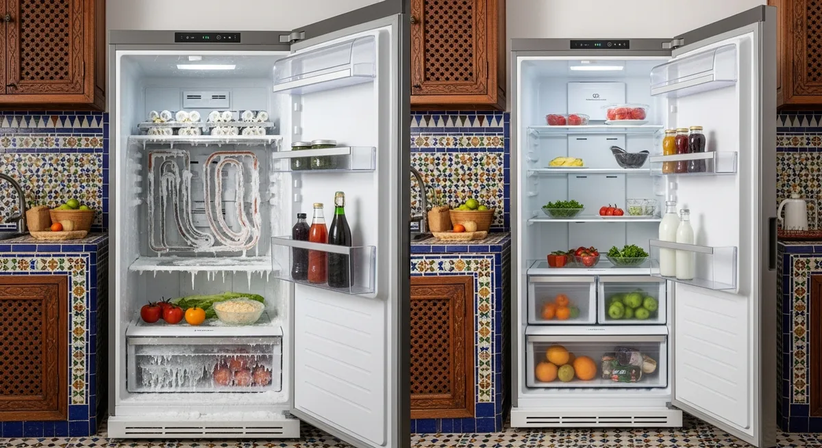 Comparaison réfrigérateur No Frost et froid statique — technicien Amine Balla expliquant les différences à un client à Rabat