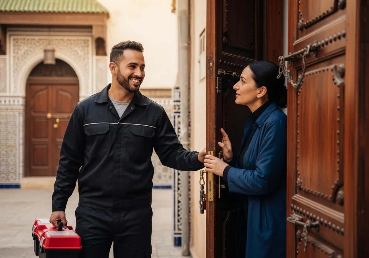 Technicien Amine Balla arrivant au domicile d'un client à Rabat — intervention réfrigérateur à domicile