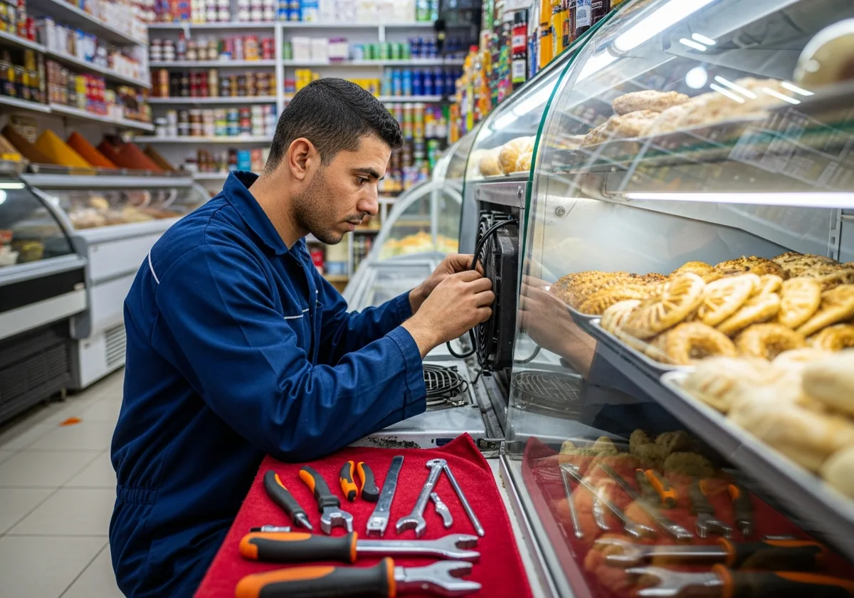 Technicien réparant vitrine réfrigérée de boulangerie ou supermarché à Rabat — compresseur, moteur ventilateur, intervention urgente