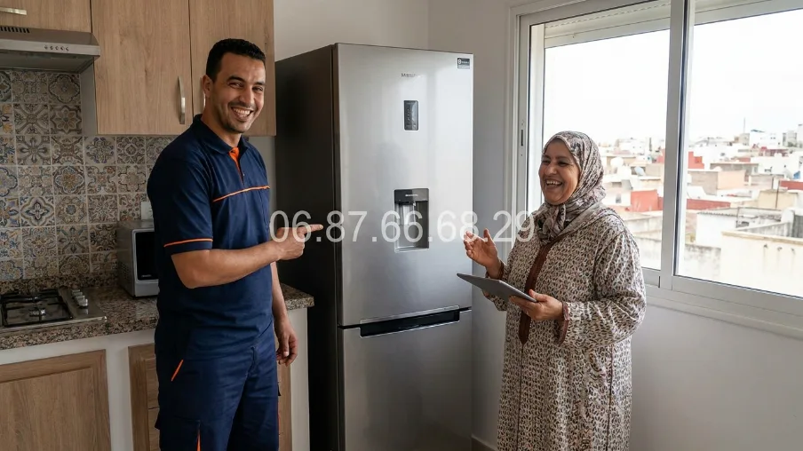 Client satisfait après réparation réfrigérateur Samsung à Rabat — technicien souriant