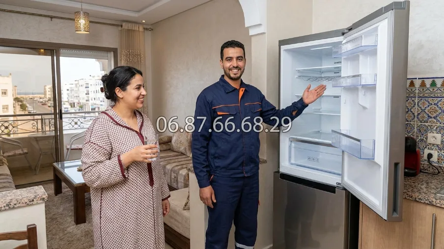 Cliente satisfaite avec technicien devant réfrigérateur Samsung réparé à Rabat