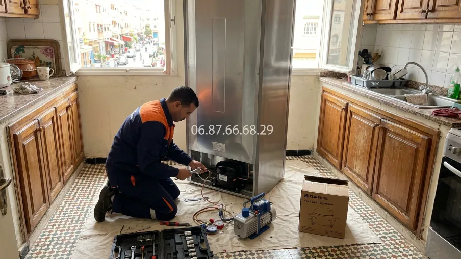 Technicien effectuant une recharge gaz R134a sur réfrigérateur à Rabat — manifold, pompe à vide
