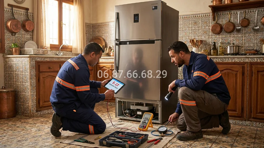 Deux techniciens diagnostic codes erreur Samsung E-22 à Rabat — tablet, multimètre, cuisine marocaine