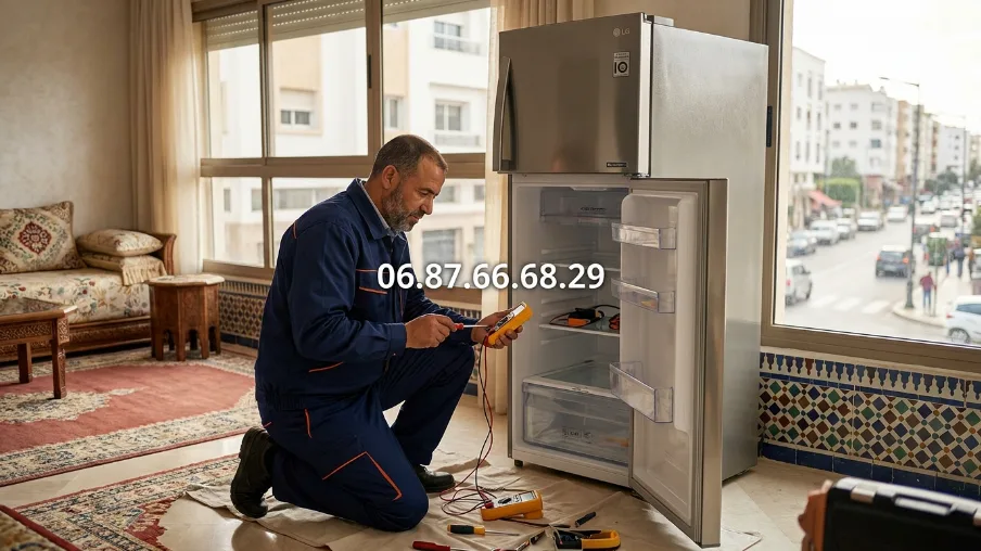 Technicien diagnostiquant un réfrigérateur LG à Rabat — appartement moderne, vue sur la ville
