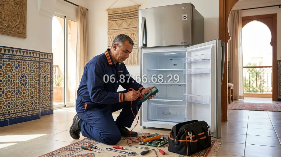 Technicien réparant un réfrigérateur LG à Rabat — diagnostic multimètre, salon marocain zellige