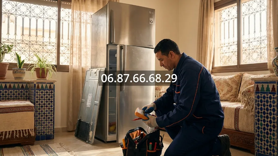 Technicien diagnostiquant un réfrigérateur LG bruyant à Rabat — salon marocain, outils professionnels