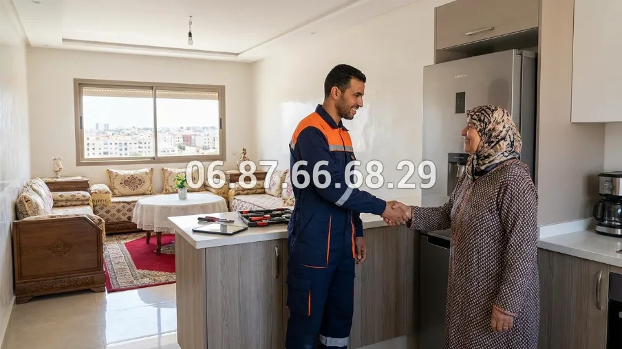 Technicien serrant la main d'une cliente après réparation frigo à Rabat — satisfaction garantie