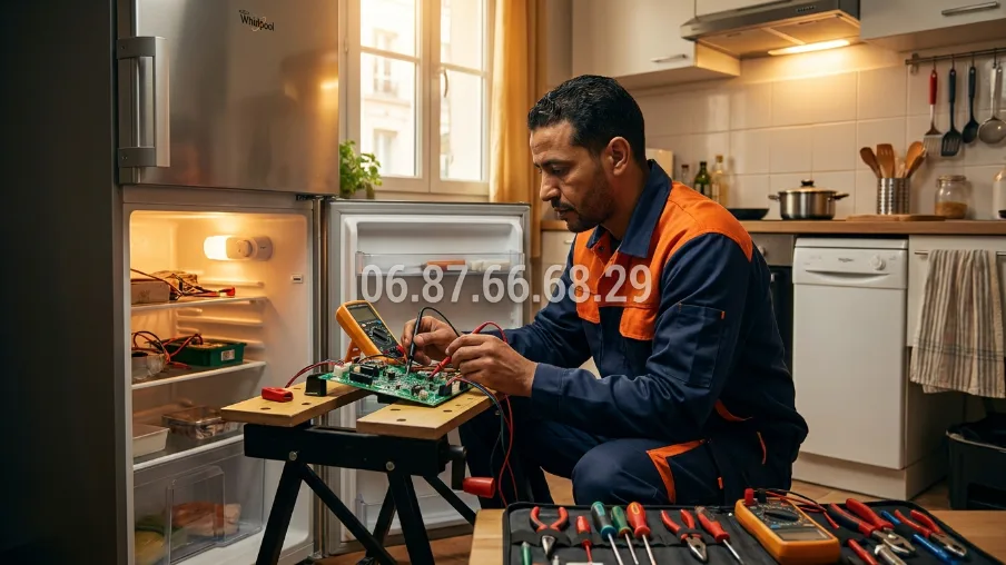 Technicien diagnostiquant la carte électronique d'un réfrigérateur à Rabat — cuisine marocaine