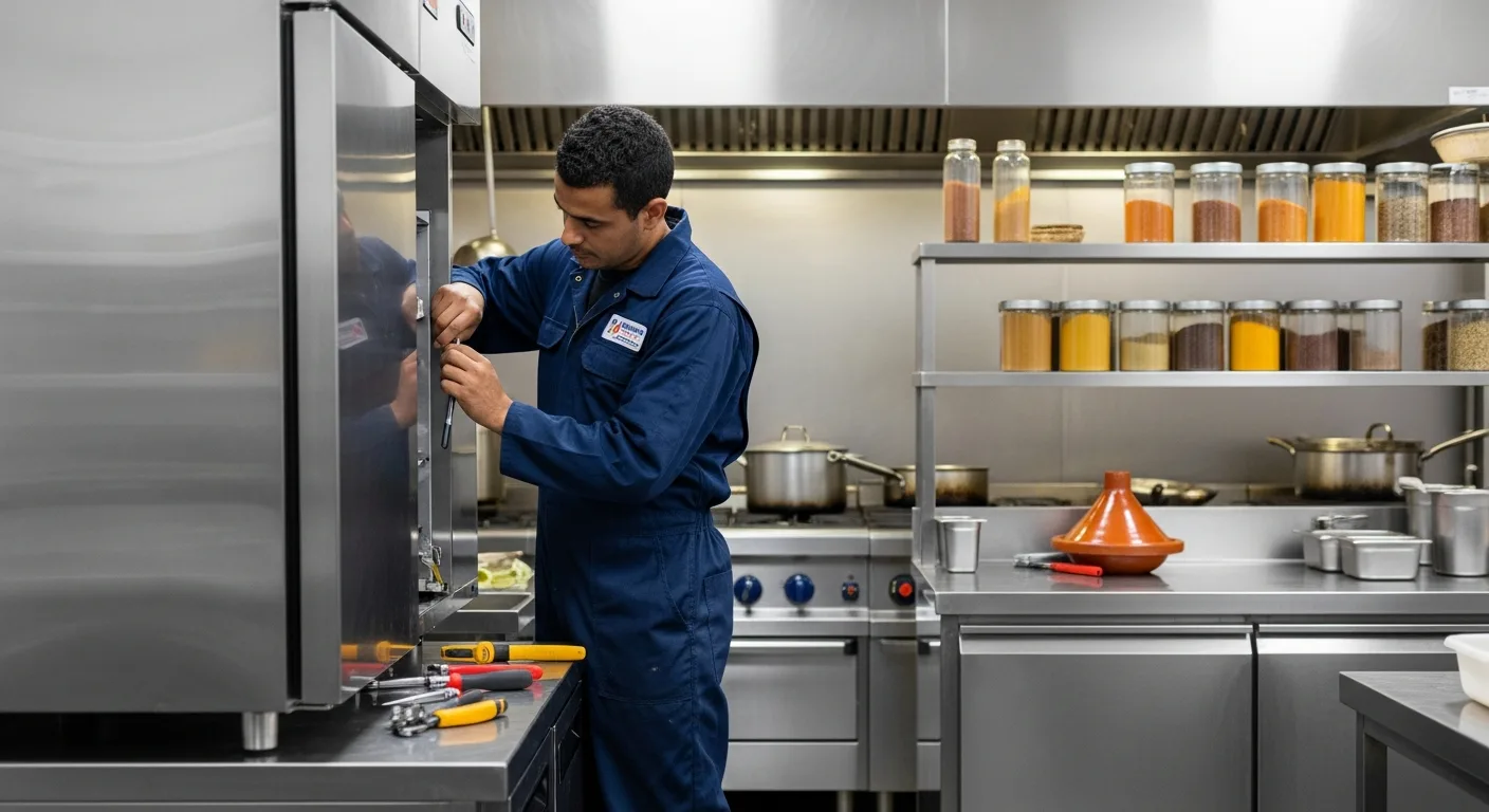 Technicien réparant une chambre froide de restaurant à Rabat — urgence froid commercial